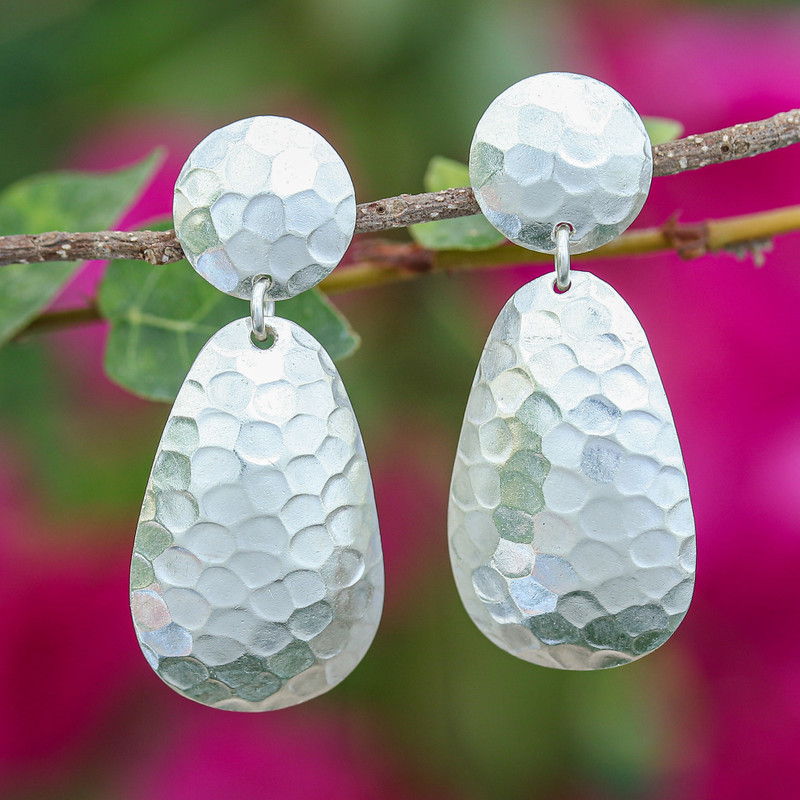 Modern Hammered-Finished Sterling Silver Dangle Earrings, "Hammered Splendor"