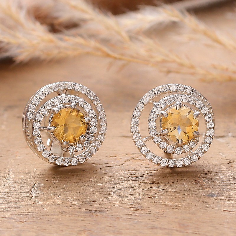Rhodium-Plated Citrine Cubic Zirconia Button Earrings, "Sunlit Sparkle"