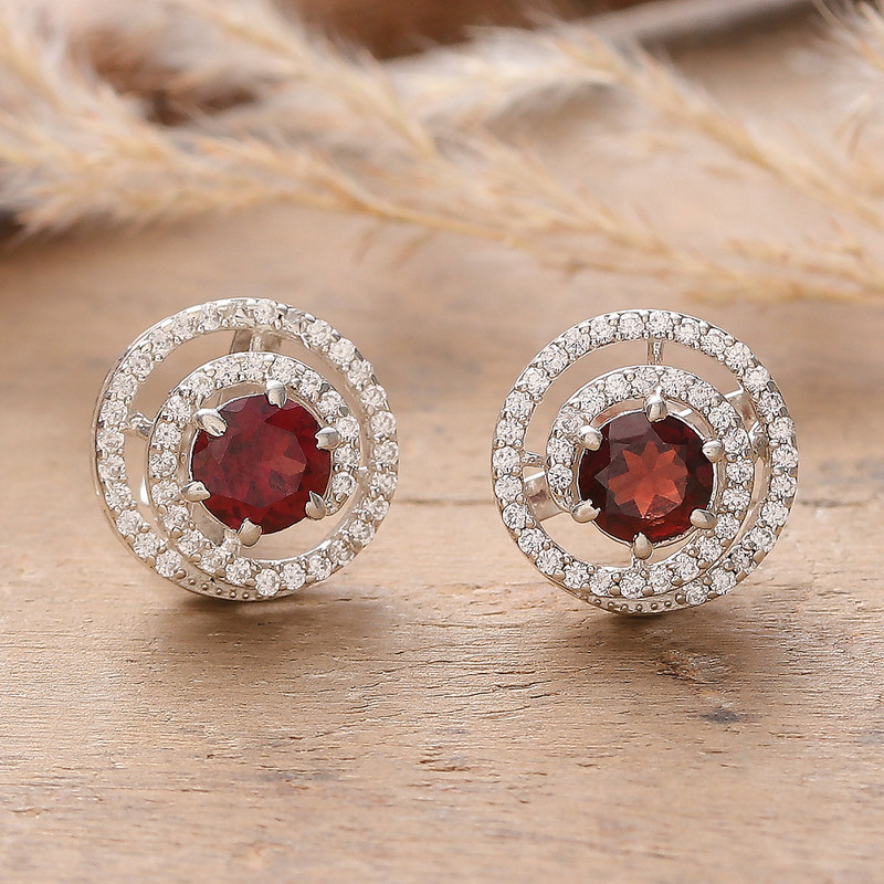 Rhodium-Plated Button Earrings with Garnet Cubic Zirconia, "Spirited Sparkle"