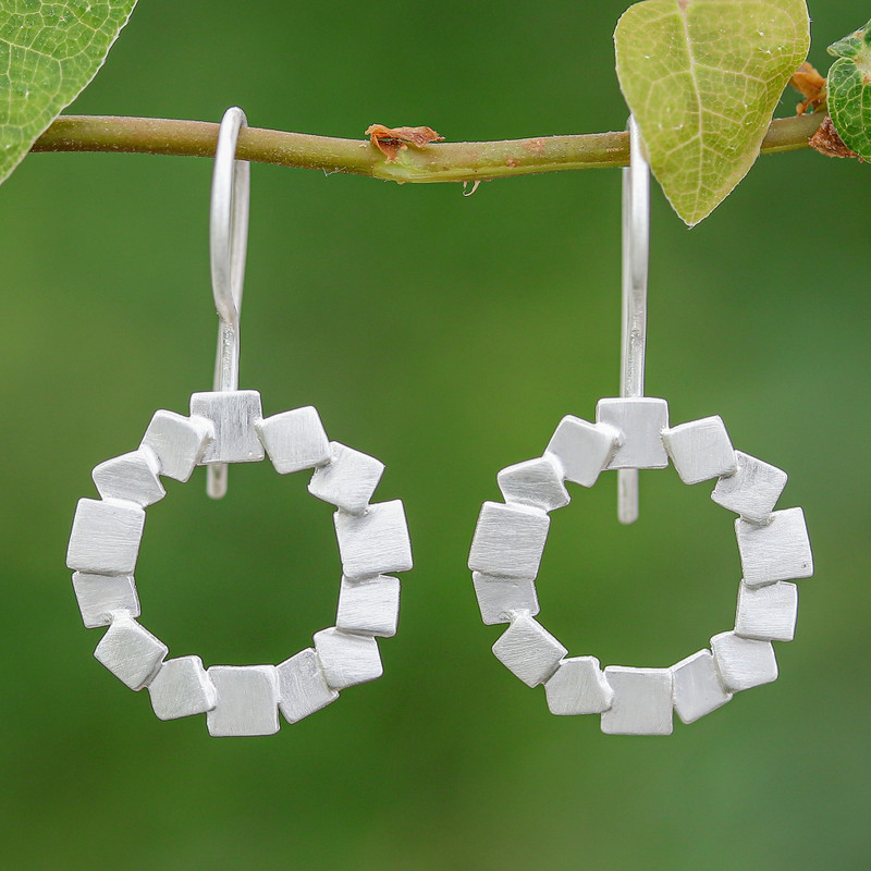 Sterling Silver Drop Earrings in a Brushed-Satin Finish, "Round Heaven"