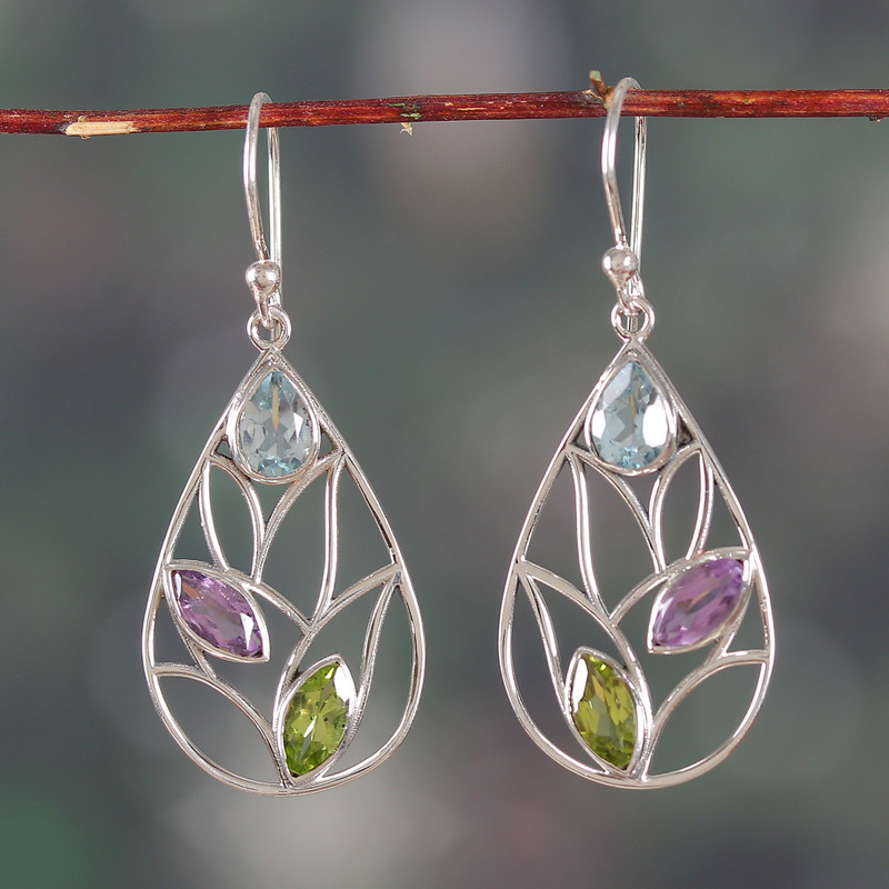 Leaf-Themed Openwork Multi-Gemstone Silver Dangle Earrings, "Exuberant Leaves"