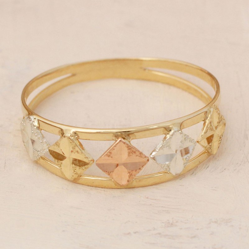 Square Motif 10k Gold Band Ring from Brazil, "Five Stars"