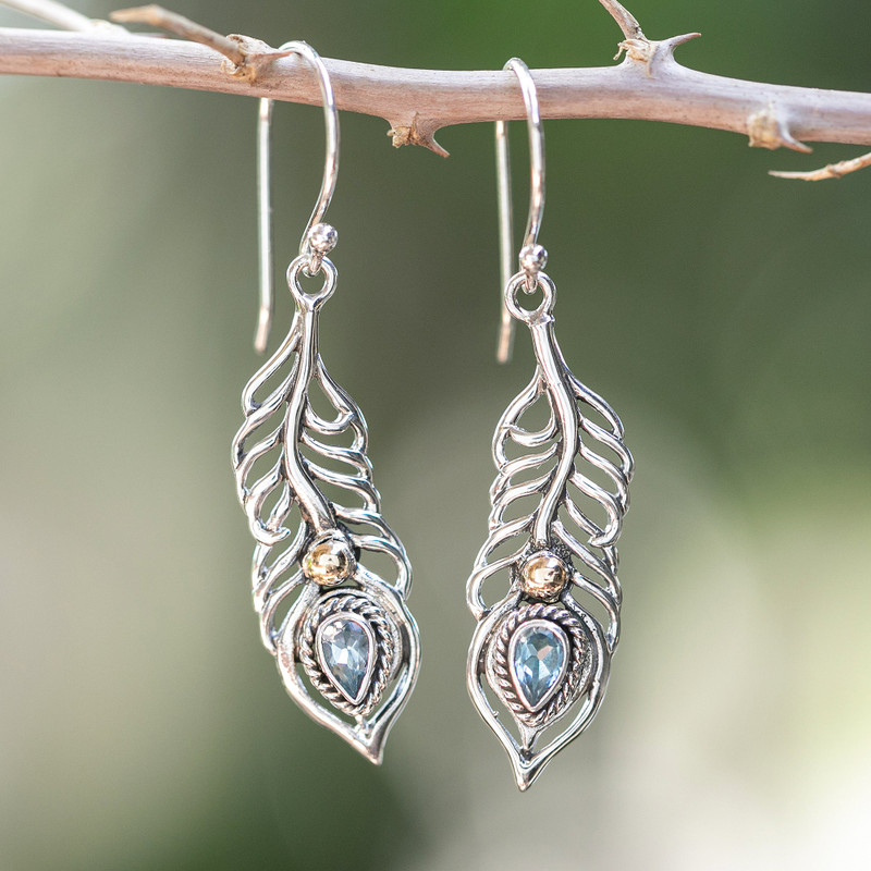 Peacock Feather Gold-Accented Blue Topaz Silver Earrings, "Radiant Feathers of the Wise"