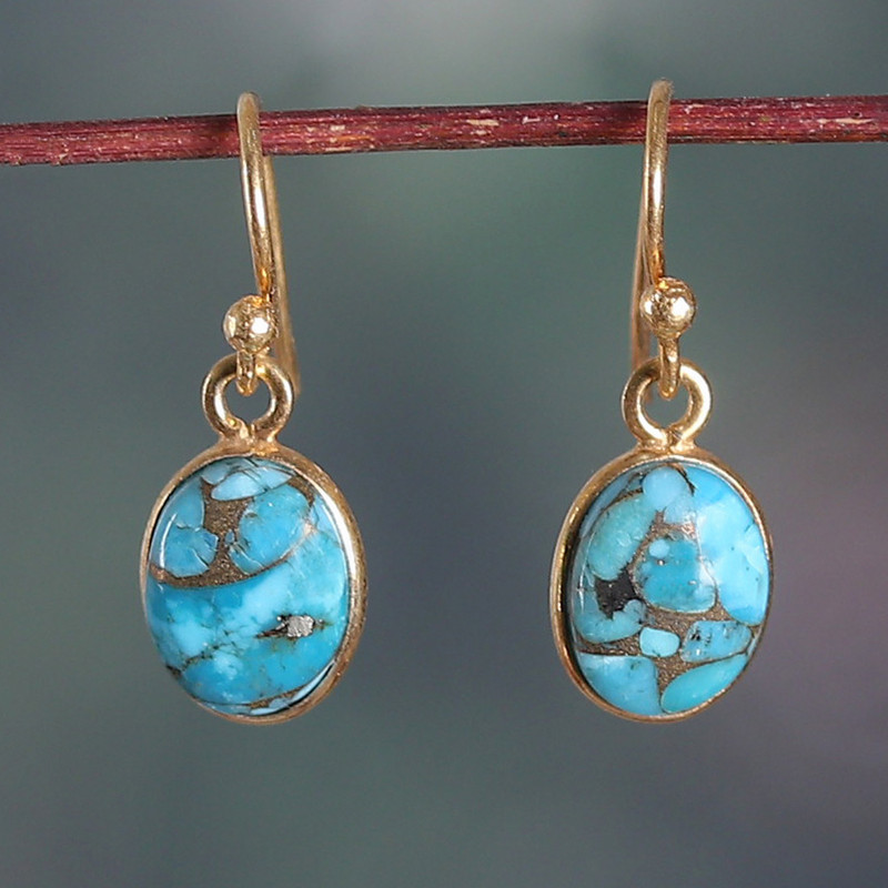 Polished 22k Gold-Plated Composite Turquoise Dangle Earrings, "Golden Peace"