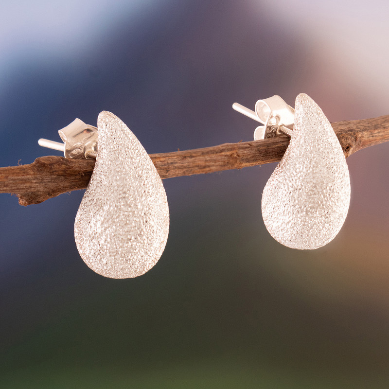 Modern Textured Drop-Shaped Sterling Silver Button Earrings, "Puissant Tide"