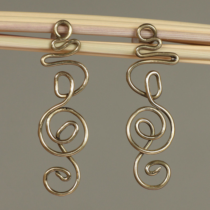 Modern Abstract Treble Clef Themed Brass Drop Earrings, "Melody Spiral"