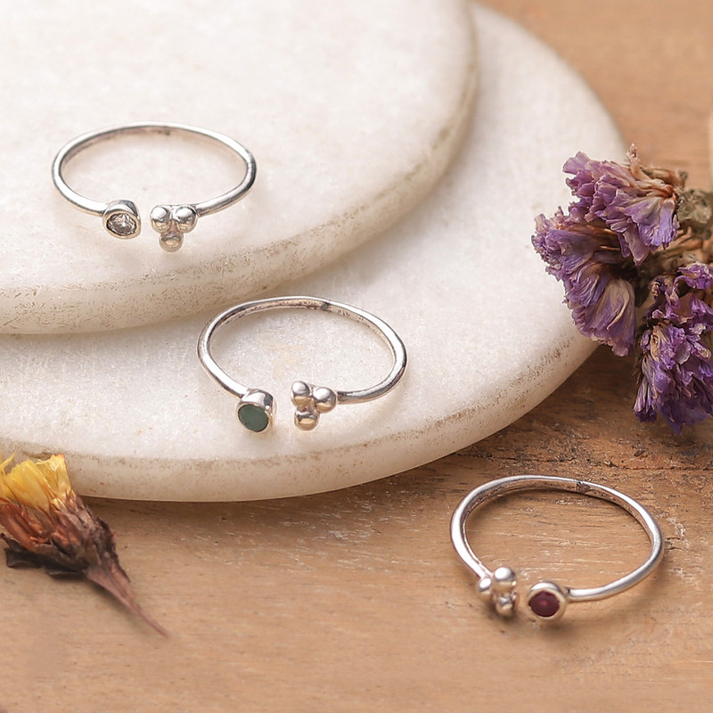 3 Silver Stacking Wrap Rings with Emerald Ruby White Quartz, "Luxurious Trio"