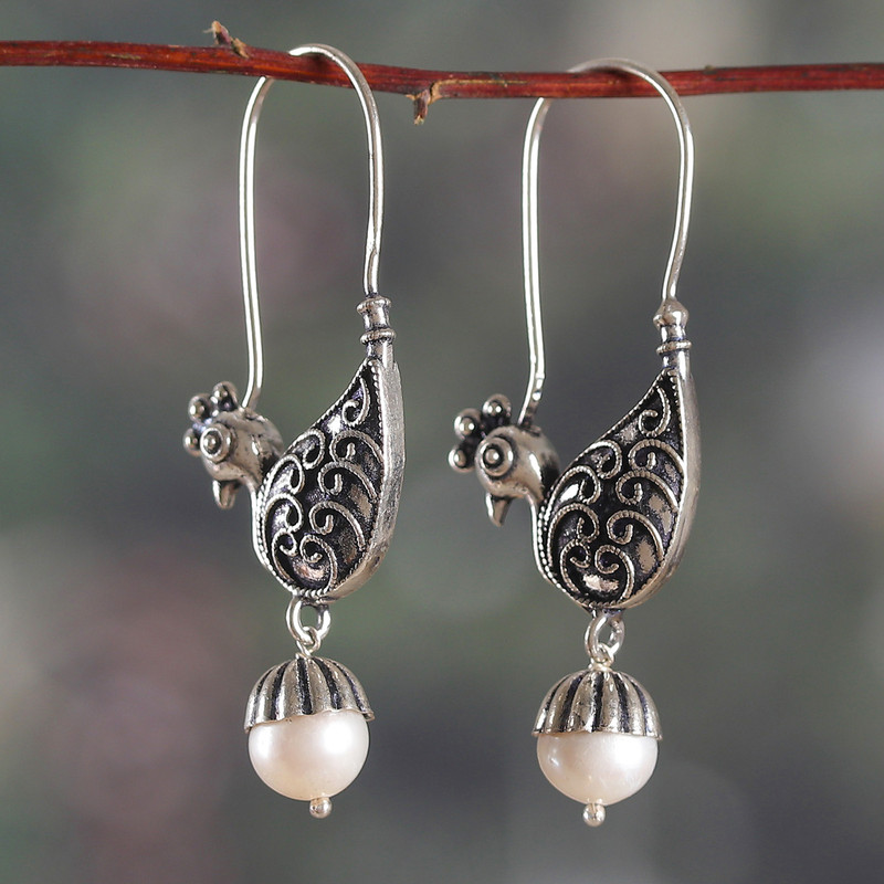 Peacock-Shaped Cultured Pearl and Silver Dangle Earrings, "White Peacock Whispers"