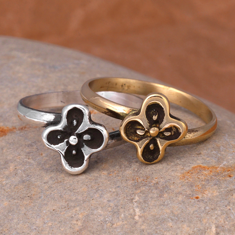 2-Piece Sterling Silver and Brass Spring Cocktail Ring Set, "Floral Dyad"