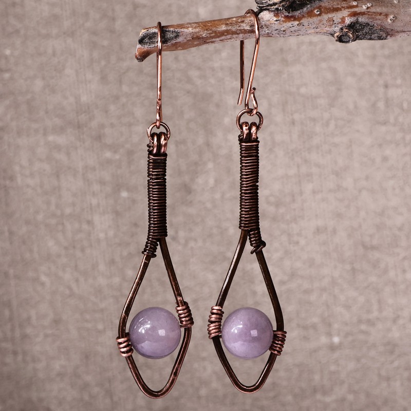 Antiqued Classic Copper and Purple Jade Dangle Earrings, "Awakening Beauty"