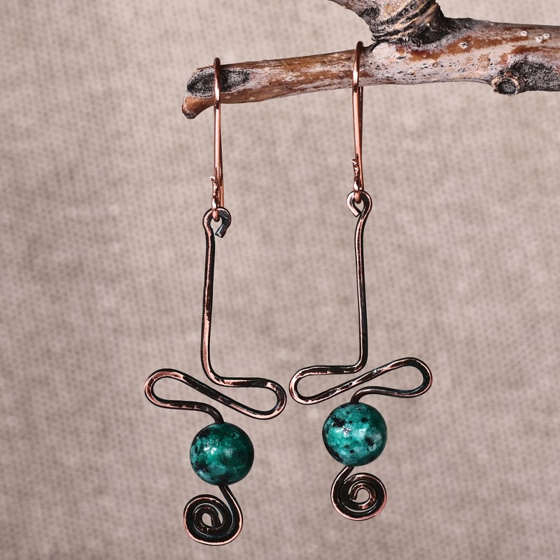 Antique-Finished Copper and Natural Jade Dangle Earrings, "Vital Twists"