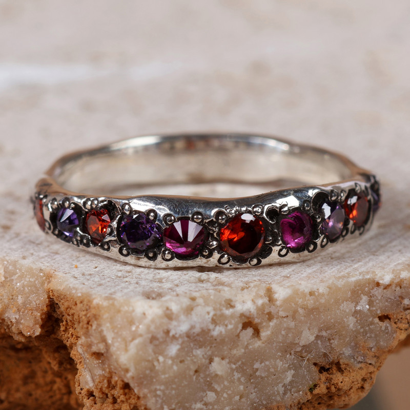 Sterling Silver Band Ring with Colorful Crystal Stones, "Circle of Vitality"