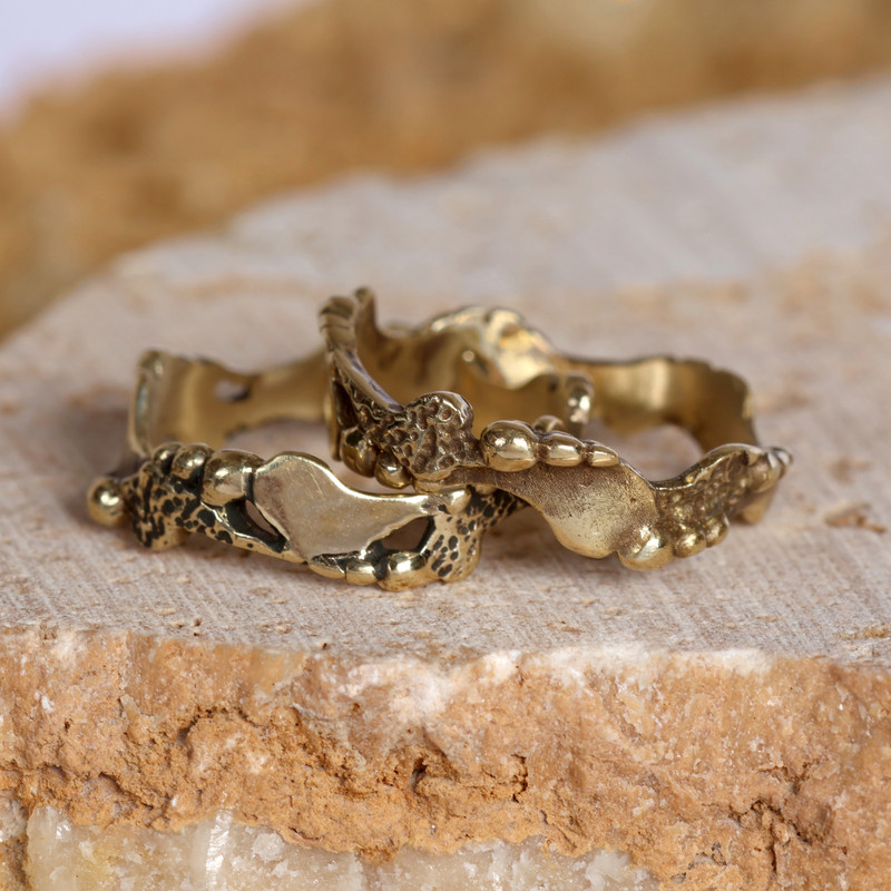 Pair of Modern Brass Band Rings with Textured Finish, "Double Abstract Elegance"