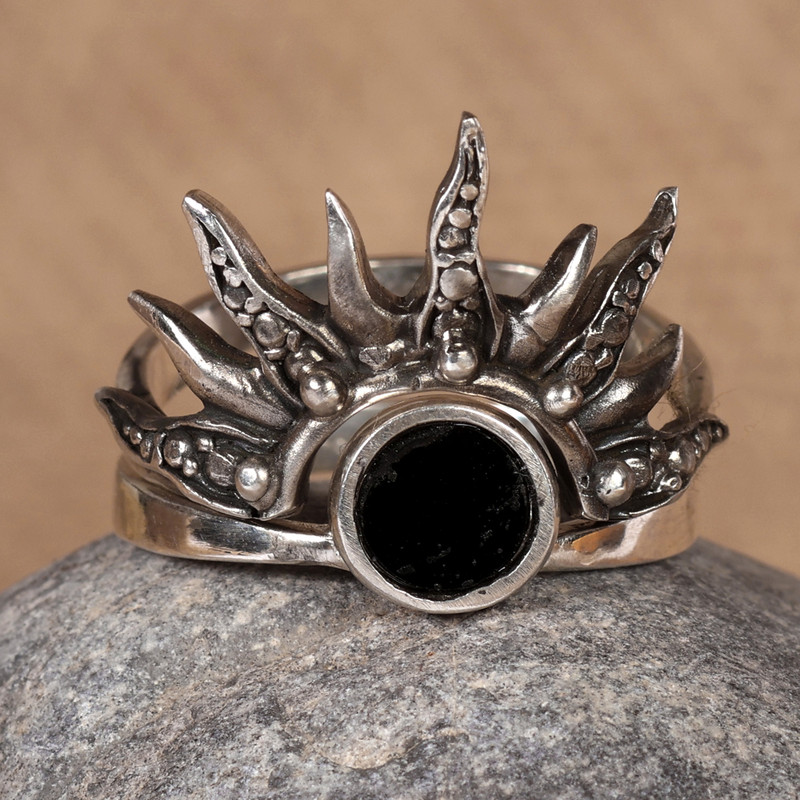 Pair of Solar Eclipse-Themed Sterling Silver Band Rings, "Epic Eclipse"