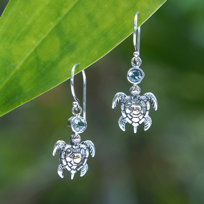 18k Gold-Accented Blue Topaz Sea Turtle Dangle Earrings, "Serene Baby Turtle"