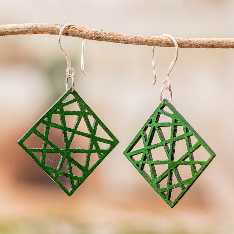 Modern Hand-Carved Openwork Reclaimed Wood Dangle Earrings, "Green Diamonds"