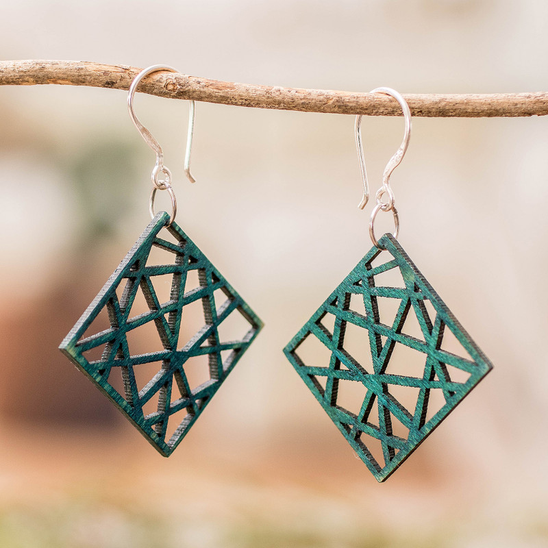 Rhombus-Shaped Eco-Friendly Reclaimed Wood Earrings in Teal, "Teal Diamonds"