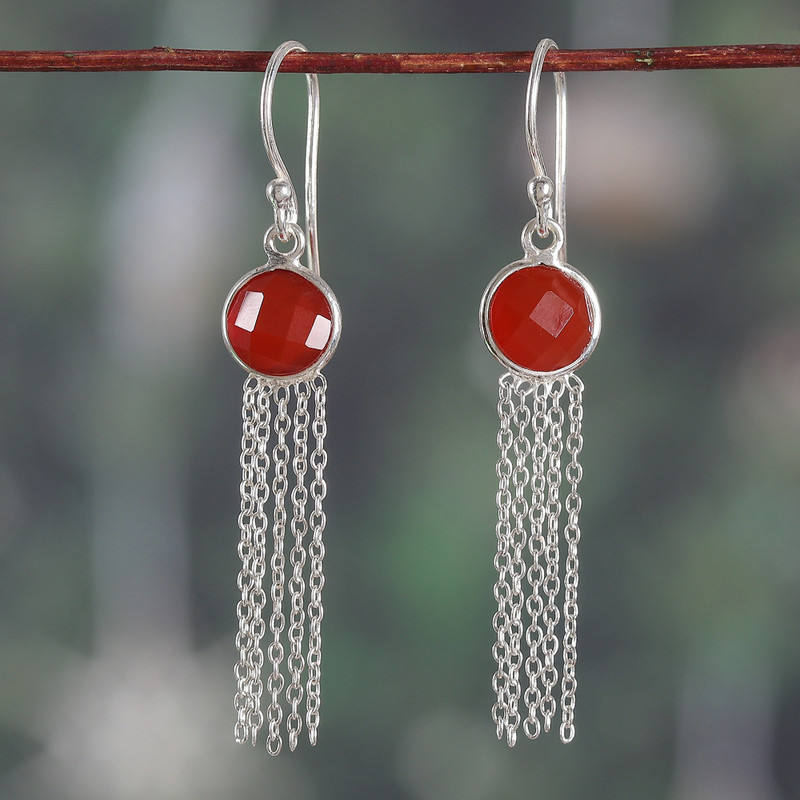 4-Carat Faceted Onyx and Sterling Silver Waterfall Earrings, "Fiery Tassel"