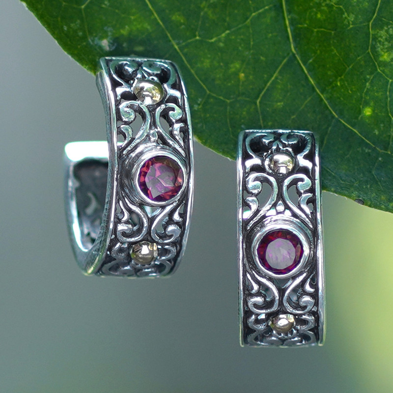 18k Gold-Accented Silver Half-Hoop Earrings with Garnet Gems, "Swirling Red"