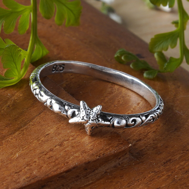 Starfish-Themed Textured Sterling Silver Band Ring from Bali, "Little Starfish"