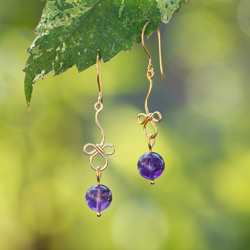 Ribbon-Shaped Gold-Plated Amethyst Dangle Earrings from Bali, "Purple Ribbons"