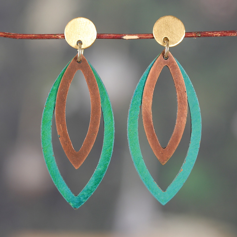 Antique-Finished Hand-Painted Marquise-Shaped Brass Earrings, "Vintage Glam"
