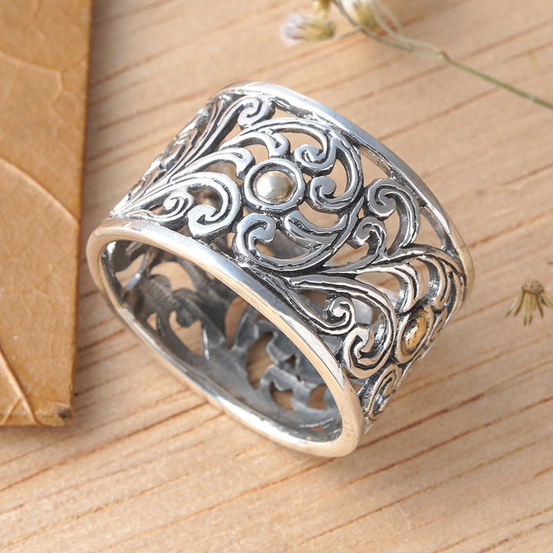 Vine-Themed Openwork Silver Band Ring with 18k Gold Accents, "Blooms of Glory"