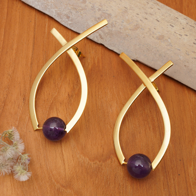 p470700_2_800.jpg Semi-Abstract Gold-Plated Drop Earrings with Amethyst Gems, "Sagacious Ribbon"