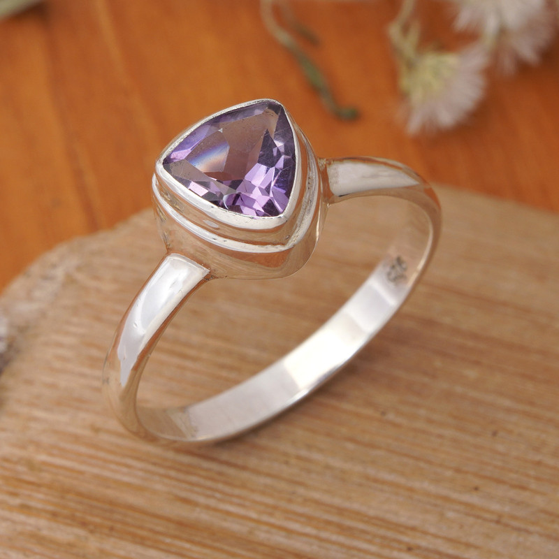 Modern High-Polished Faceted Amethyst Single Stone Ring, "Minimalist Genius"
