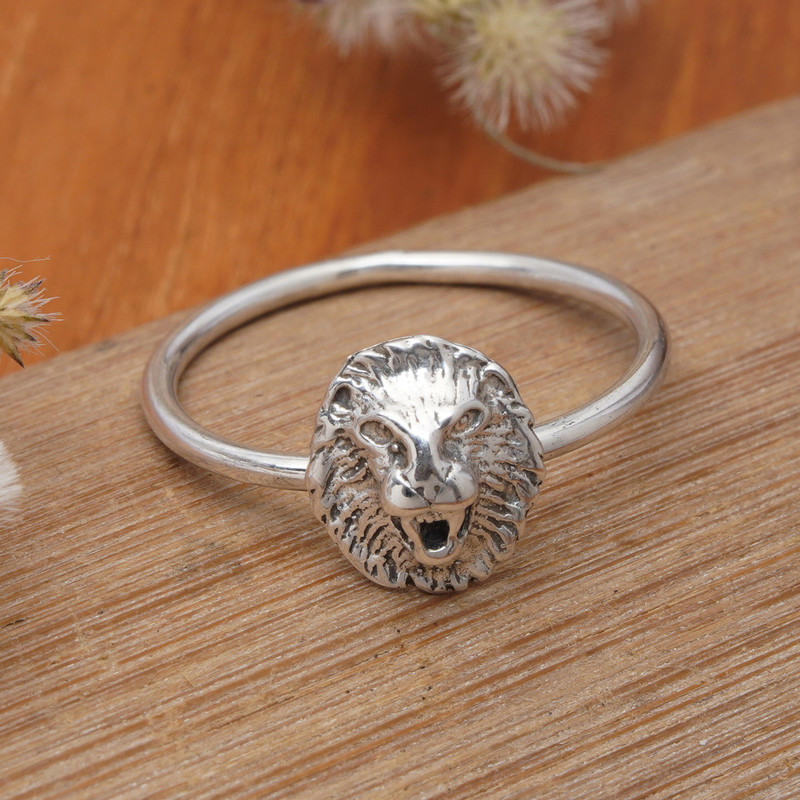 Lion-Themed Sterling Silver Cocktail Ring Crafted in Bali, "Jungle King"