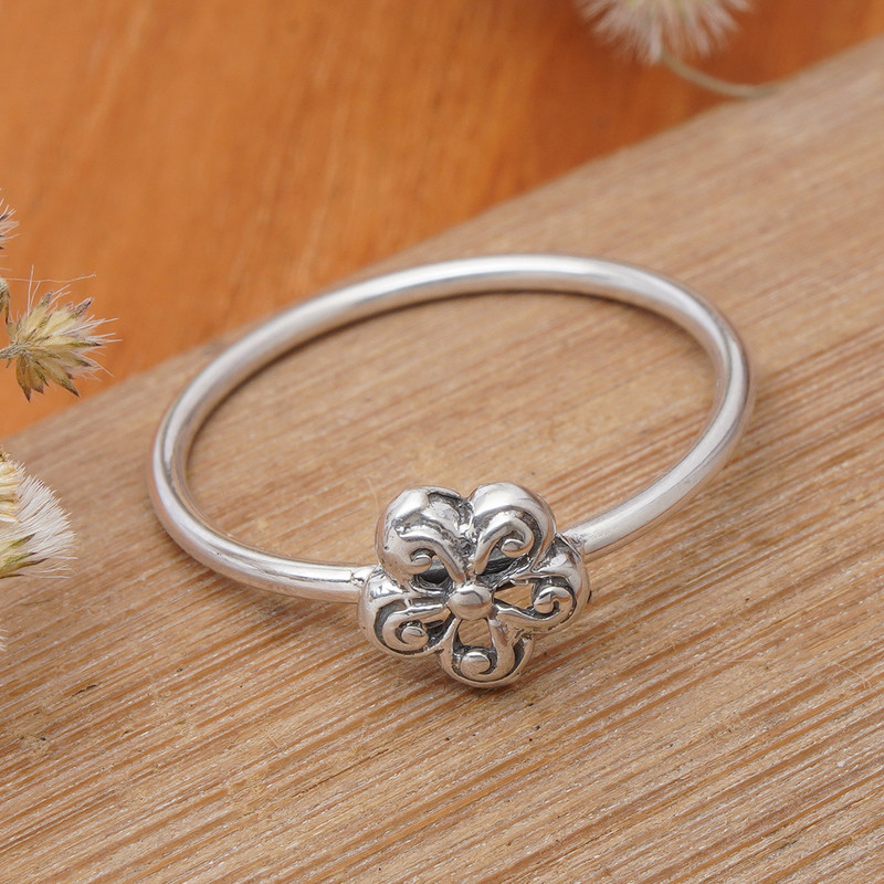 Spiral-Patterned Floral Sterling Silver Band Ring from Bali, "Small Curls"