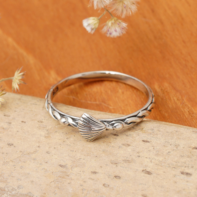 Marine-Themed Sterling Silver Shell Band Ring from Bali, "Princess Shell"