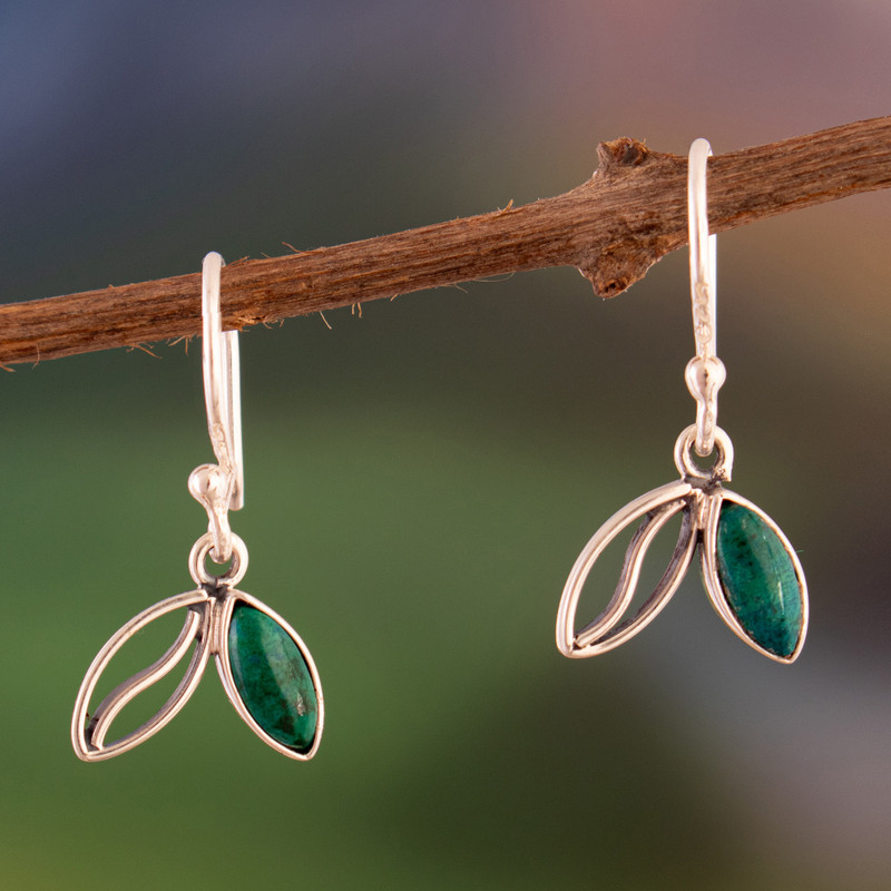 Leaf-Themed Sterling Silver and Chrysocolla Dangle Earrings, "Echoes of the Andes"
