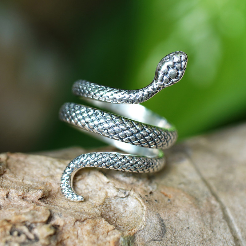 Snake-Shaped Polished and Oxidized Sterling Silver Wrap Ring, "Discreet Vanquisher"