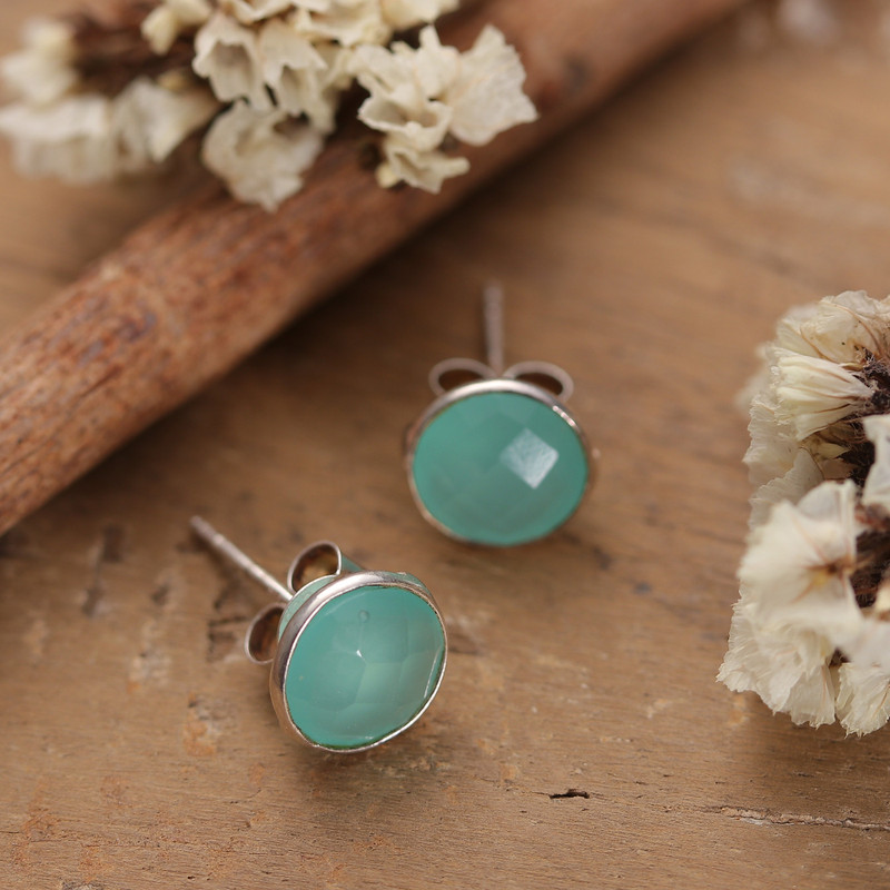 4-Carat Faceted Checkerboard-Shaped Chalcedony Stud Earrings, "Tranquil Appeal"