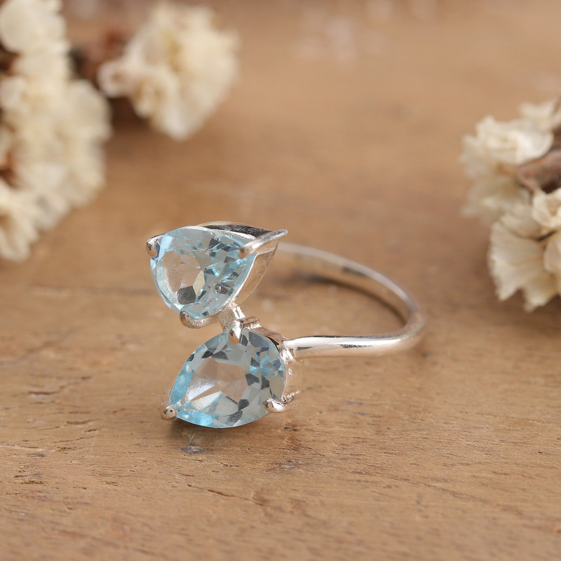 4-Carat Pear-Shaped Blue Topaz Gems and Silver Cocktail Ring, "Sparkling Elegance"