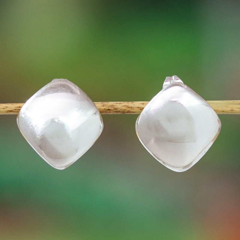 Polished Diamond-Shaped Silver Button Earrings from Mexico, "Avant-Garde Belle"