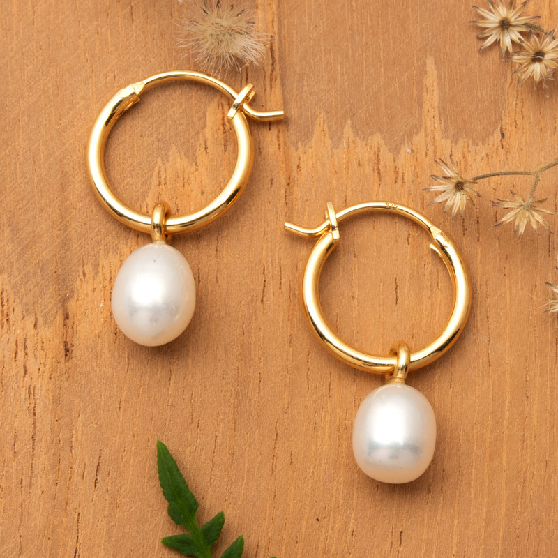 18k Gold-Plated Hoop Earrings with White Cultured Pearls, "Charming Luminosity"