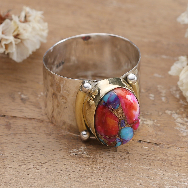 Minimalist Sterling Silver and Brass Recon Turquoise Ring, "Earthy Echo"