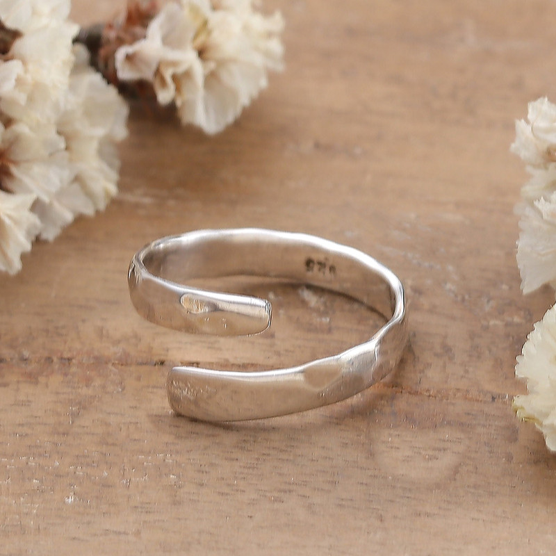 Adjustable Minimalist Silver Wrap Ring with Hammered Finish, "Rippled Reflection"