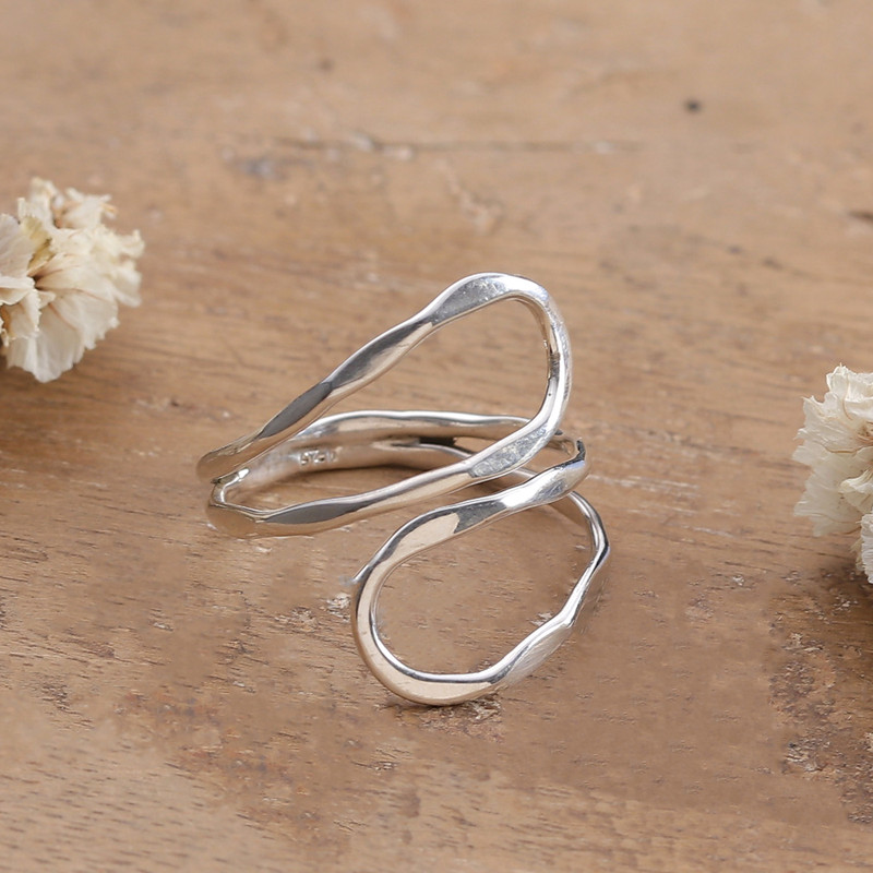 Modern Double-Loop Figure-Eight Hammered Silver Wrap Ring, "Boundless Beauty"