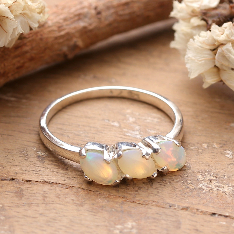2-Carat Opal Sterling Silver Multi-Stone Ring from India, "Luminous Trio"