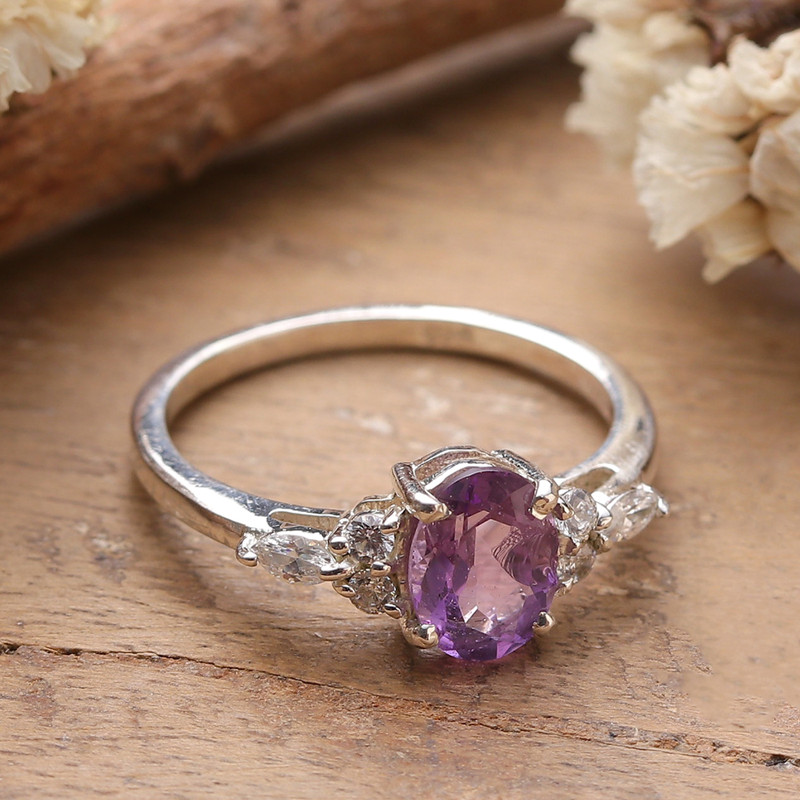 Amethyst Cubic Zirconia Silver Cocktail Ring from India, "Sparkling Violet"