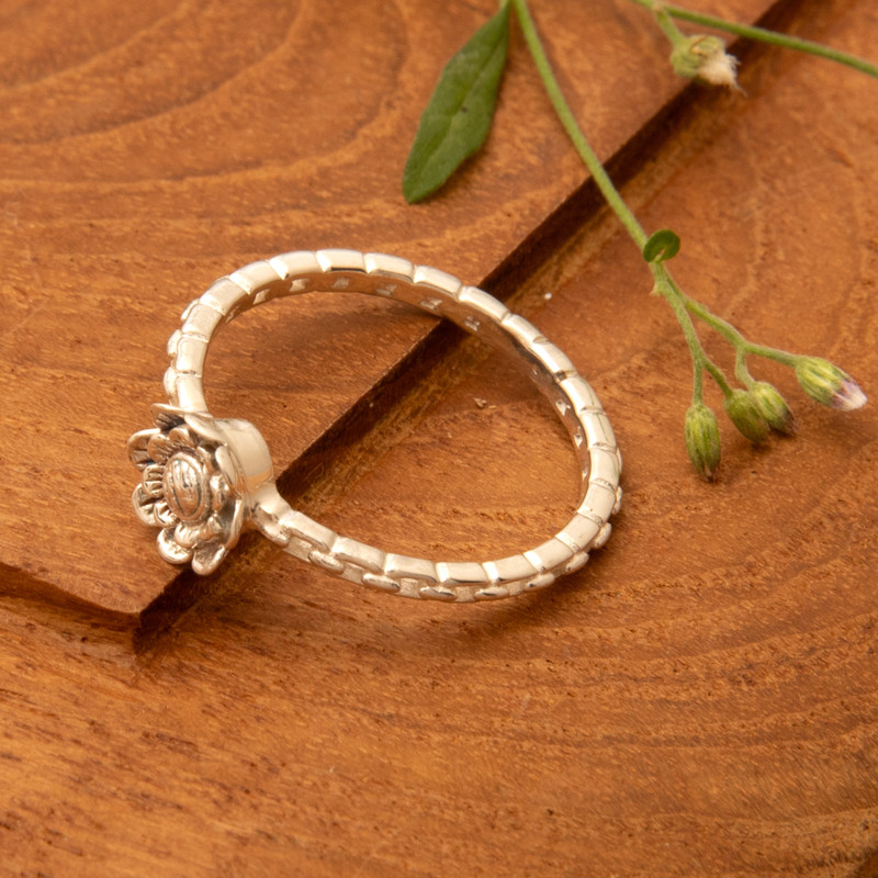 Lotus Flower-Themed Textured Sterling Silver Band Ring, "Lotus Marvel"