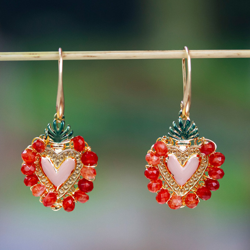 Strawberry 14k Gold-Plated Carnelian Heart Dangle Earrings, "Strawberry Heart"