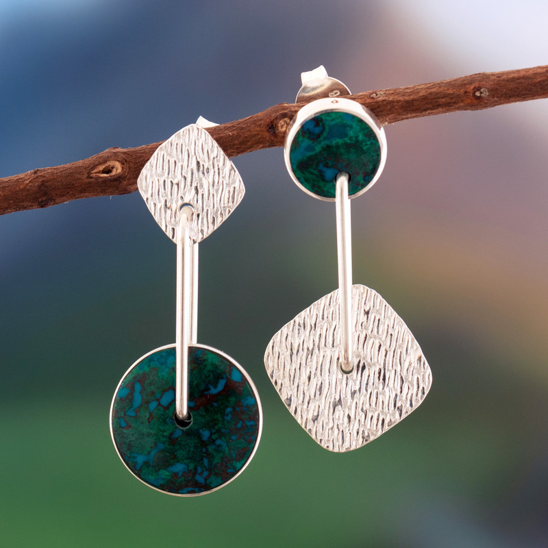 Unique Modern Sterling Silver Drop Chrysocolla Earrings, "Opposites Attract"