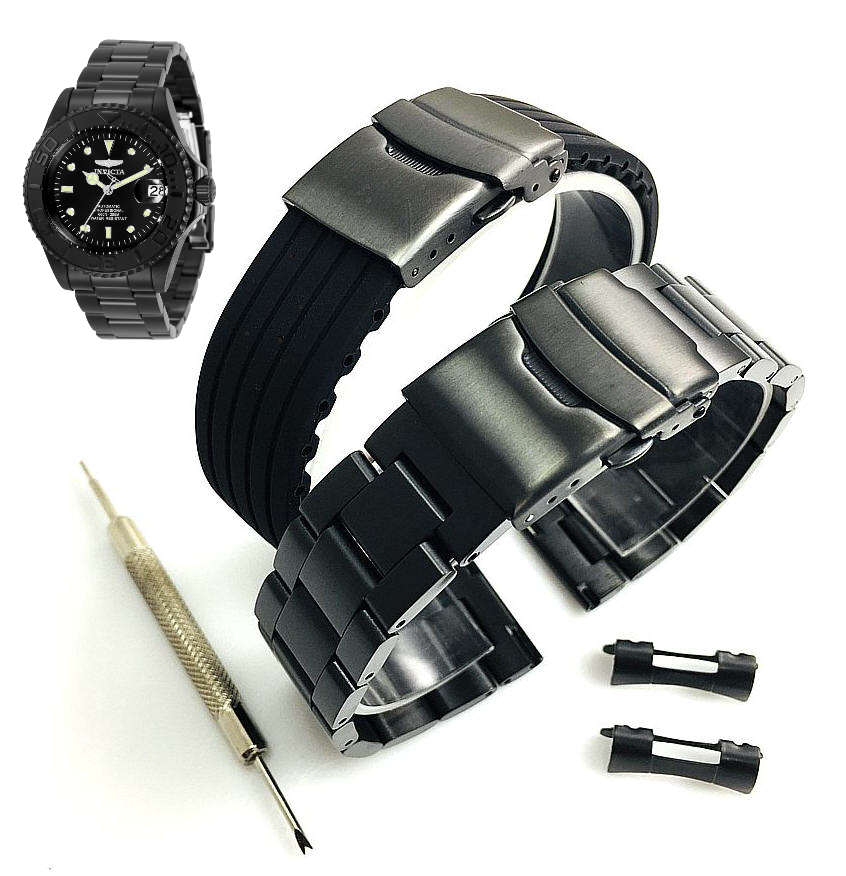 2 Pack Steel Silicone Black Replacement Watch Band Fits Invicta Pro Diver 33052