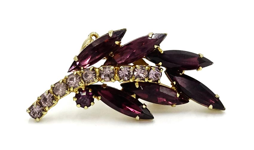 Vintage Purple And Lavender Rhinestone Leaf Pin