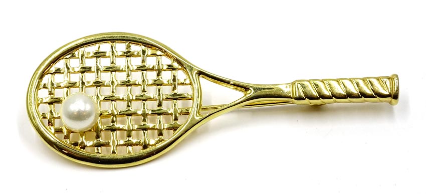 Gold Tennis Racket Pin With Pearl