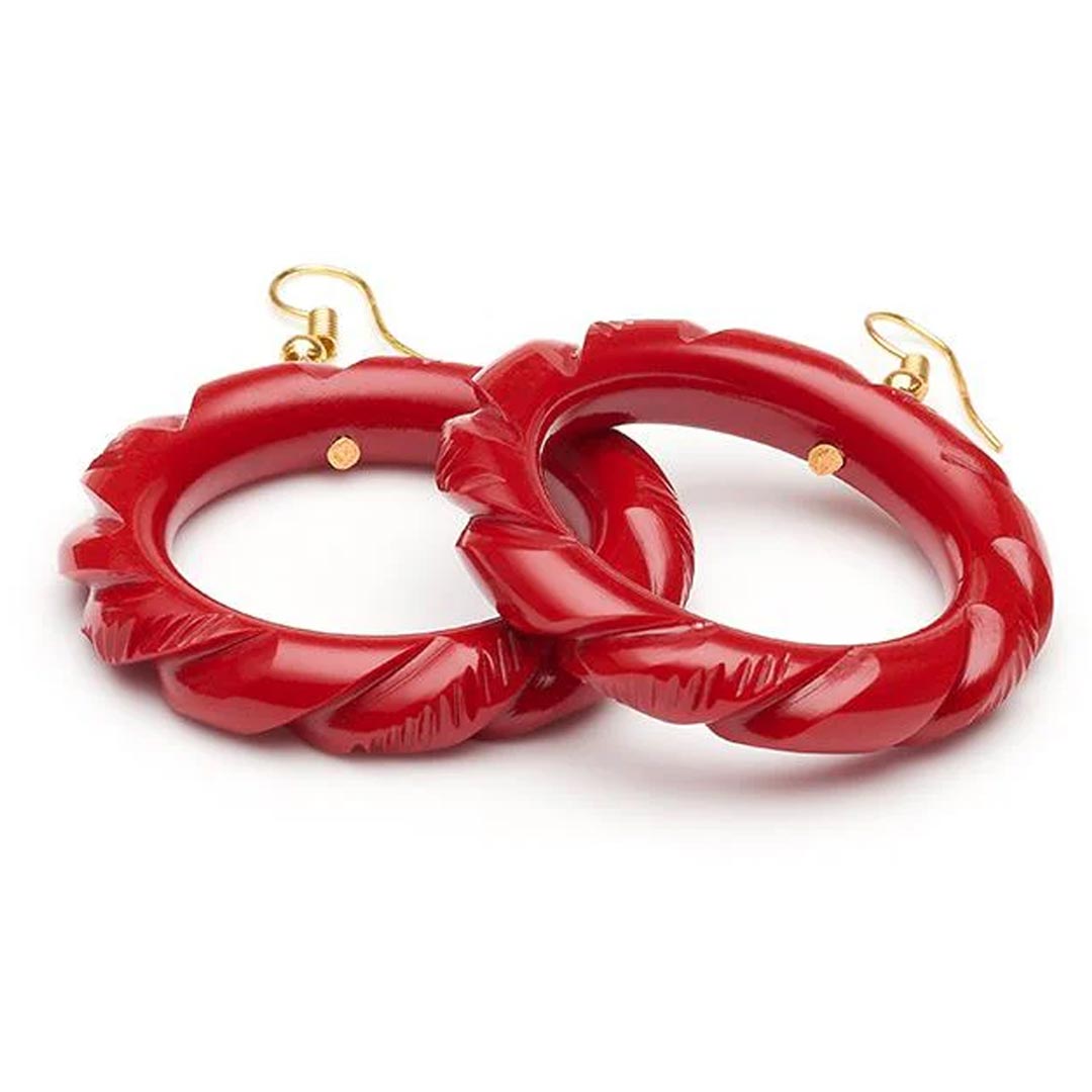 Red Heavy Carved Drop Hoop Earrings By Splendette